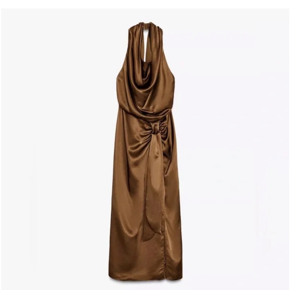 Zara SATIN EFFECT HALTER MIDI DRESS M Brown NWT - Picture 3 of 7